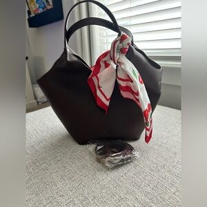 Structured Brown Leather Bag with Red Accent  Cherry Scarf